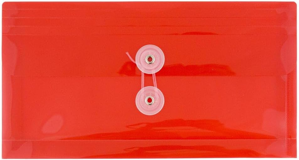 JAM PAPER Plastic Envelopes with Button & String Tie Closure - #10 Business Booklet - 5 1/4 x 10 - Red - 3/pack