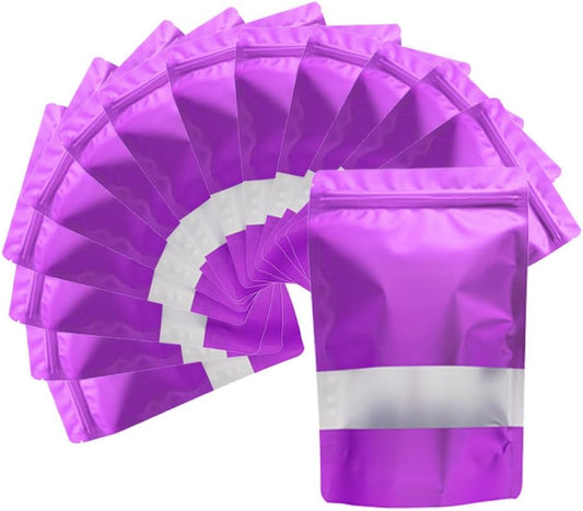 4CP 100 Pcs Zipper Smell Proof Bags with Window, 3.5x5.0 Inch Stand Up Foil Pouches for Food Selfsealing Storage, Reusable Bag for Packaging Small Business, Cookies, Nunt, Candy Purple