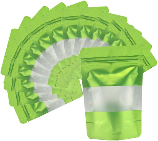 4CP 100 Pcs Green Zipper Smell Proof Bags with Window, 7.0x10.5 Inch Stand Up Foil Pouches for Food Selfsealing Storage, Reusable Bag for Packaging Small Business, Cookies, Nunt, Candy