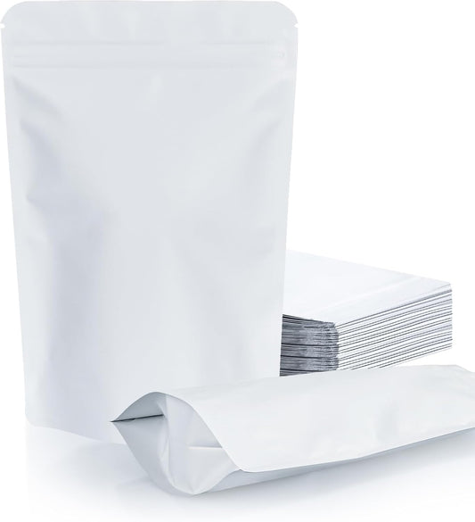 100 Pack Resealable Stand Up Bags,7.9" x 11.8" Smell Proof Pouch Sealable Foil Pouch Bags for Packaging (White)