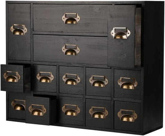 Apothecary Drawers Card Catalog Cabinet with 14 Drawers Wooden Card Catalog Wooden Storage Box for Desktop Organizer (Black)