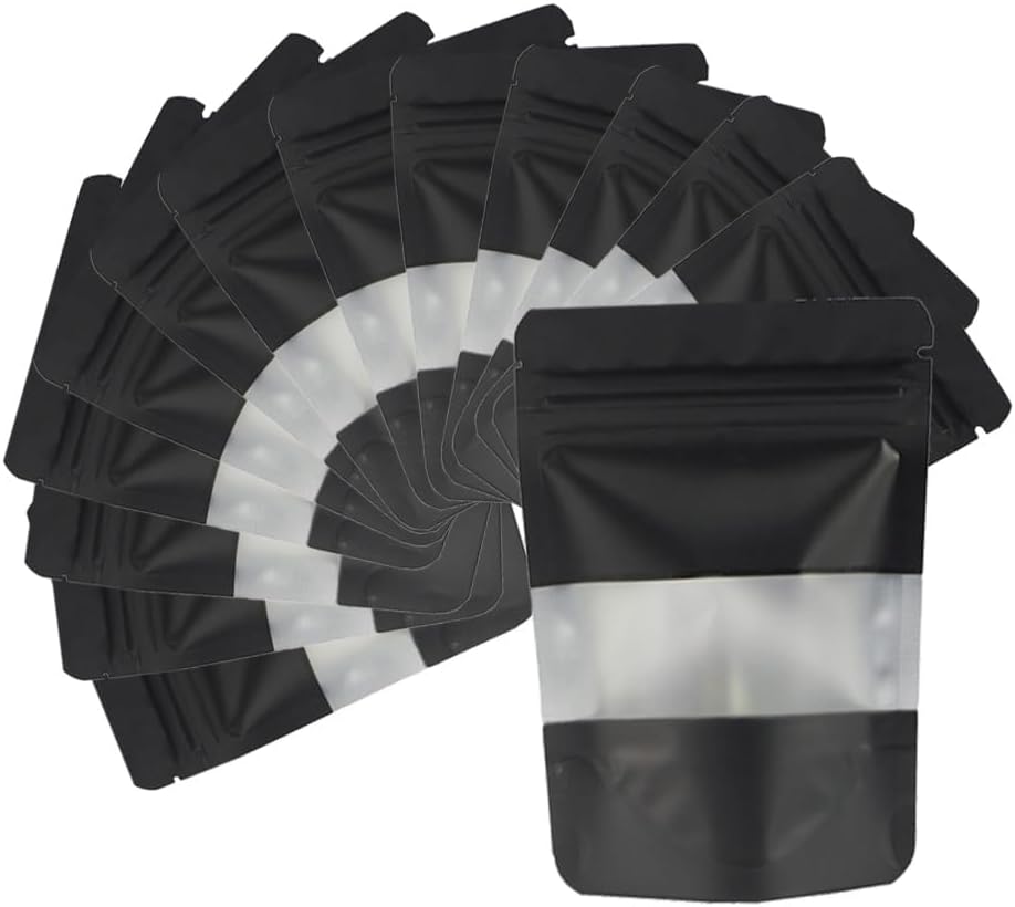 Black Smell Proof Packaging Bags,Mylar Clear Bags for Food Storage,Sealable Bag for Packaging,Stand Up Pouches with Window,ReSealable Bag for Small Business,Cookies,Candy