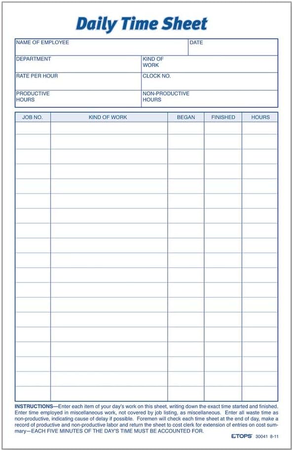 TOPS Daily Employee Time And Job Sheet, 6 x 9.5 Inches, 100 Sheets per Pad, 2 Pads/Pack (30041)
