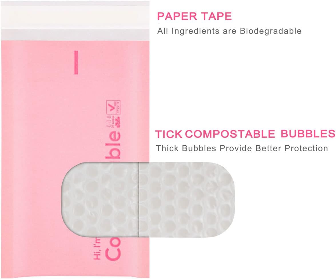 4x8 100% Biodegradable Bubble Mailers,25 Count Pink #000 Compostable Padded Packaging Wrap Envelopes Pouches Eco Friendly Self Seal Bags