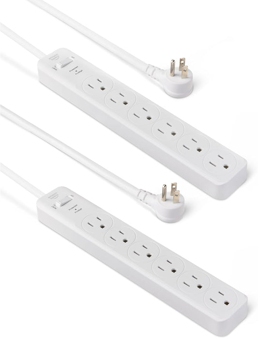 Amazon Basics Rectangle 6-Outlet, 600 Joule Surge Protector Power Strip, 2ft, Small, White, 2-Pack