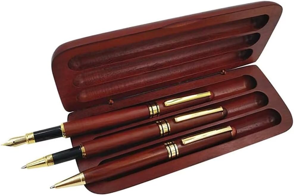 3 Pcs Wooden Pens Set with Gift Case/Best Writing Fountain Fancy Ballpoint Pen and Luxury Gel Pen with Ink Refills, Promotional Business Designer Pens