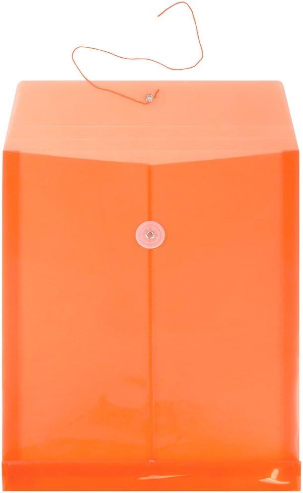 JAM PAPER Plastic Envelopes with Button & String Tie Closure - Letter Open End - 9 3/4 x 11 3/4 - Bright Orange - 12/Pack