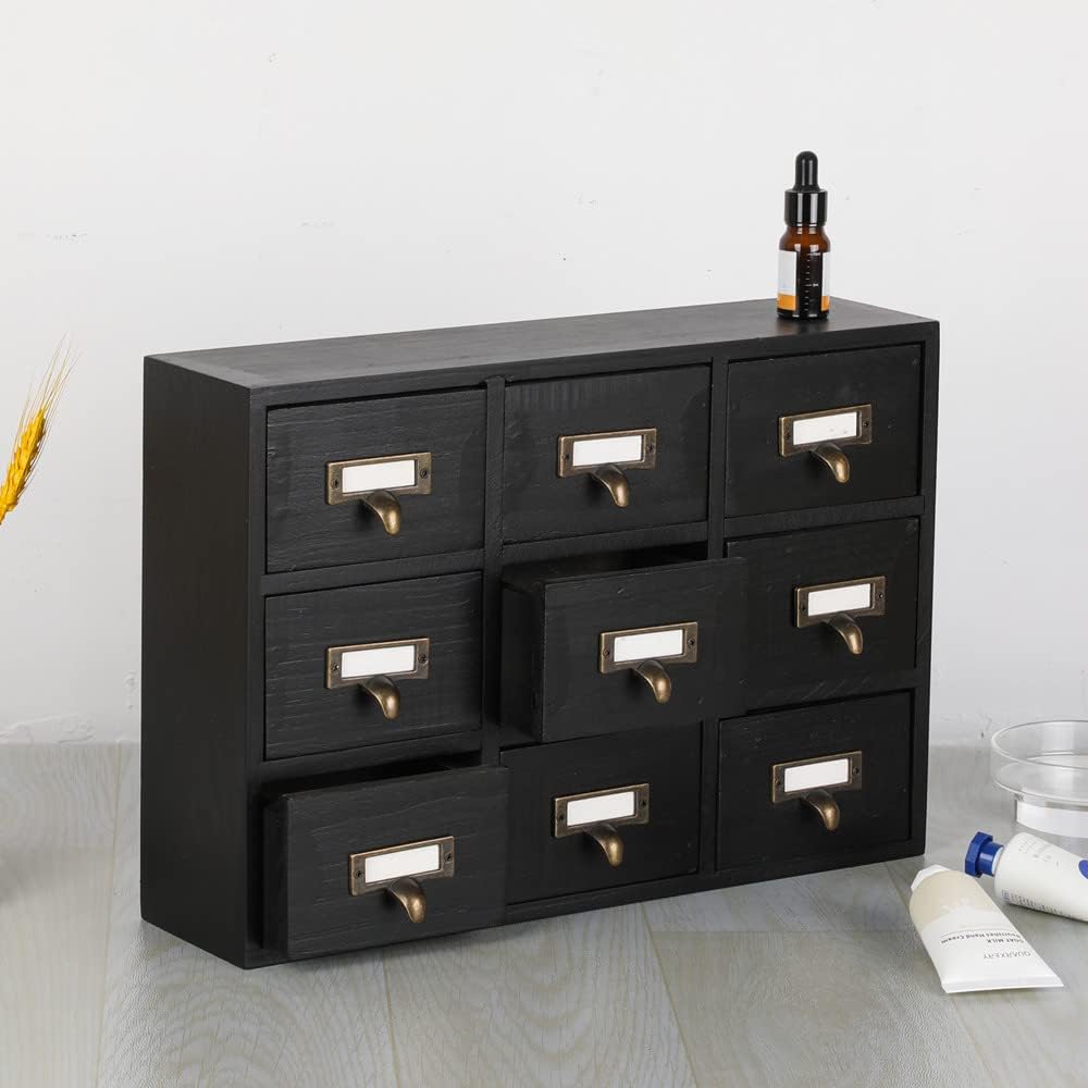 09 Drawers Apothecary Cabinet with Drawers Tabletop Apothecary Chests and Cabinets Library Card Catalog Cabinet Herb Storage Box Wooden Desk Drawer Organizer Medicine Vintage Furniture(BLACK)