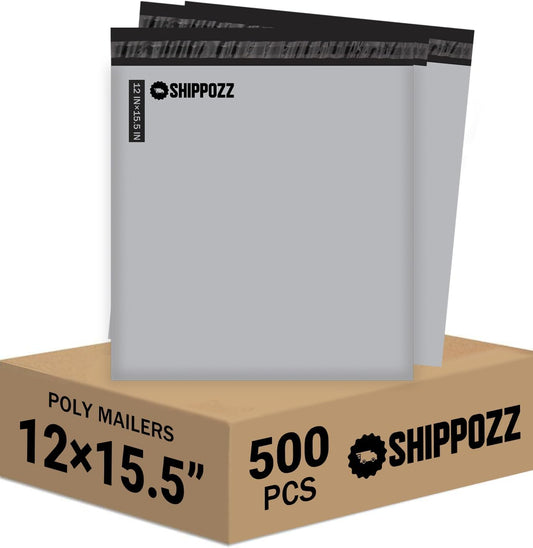 12 x 15.5 500pcs Shippozz Poly Mailers – Durable Shipping Envelopes with Strong Adhesive Seal, Waterproof and Tear-Resistant Design – Ideal for Clothing, Books, and Accessories