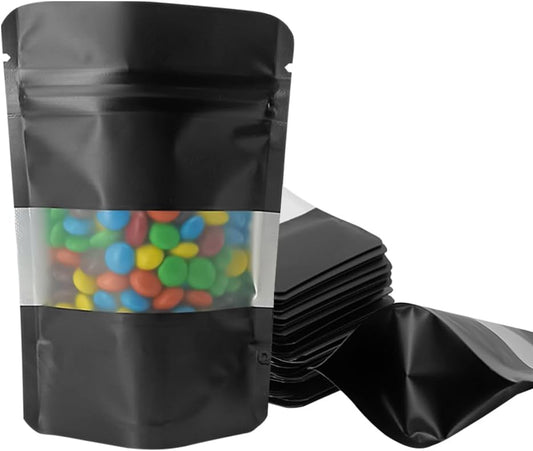 4CP 100 Pcs Black Zipper Smell Proof Bags with Window, 3.5x5.0 Inch Stand Up Foil Pouches for Food Selfsealing Storage, Reusable Bag for Packaging Small Business, Cookies, Nunt, Candy