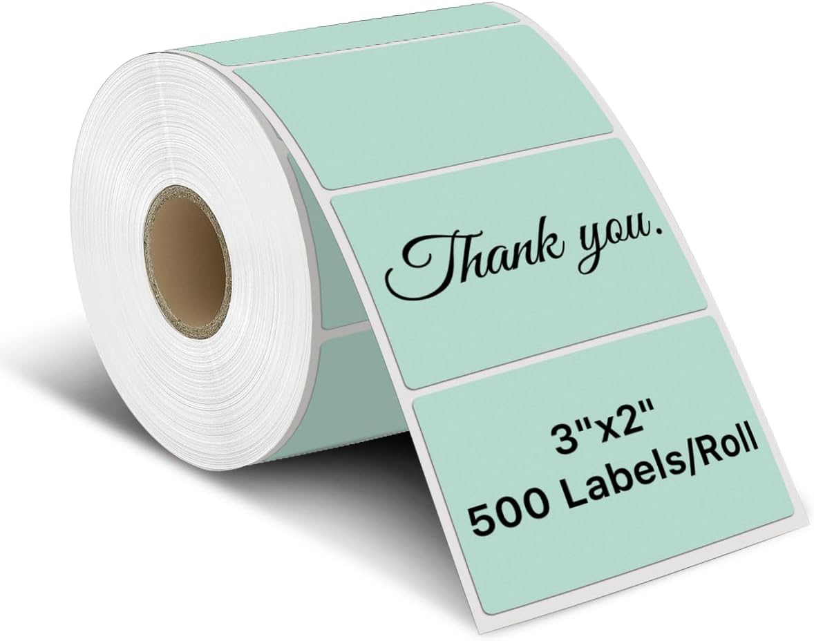 iEager 3" x 2" Thermal Labels, Rectangle Thermal Printer Stickers, Self-Adhesive Durable Sticker with Perforation Line, 500 Labels/Roll, Green