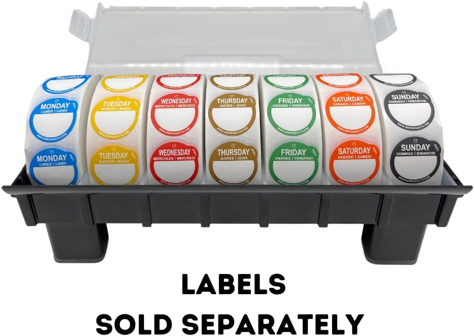 7-Slot Day of The Week Covered Label Dispenser (for 3/4" & 1" Labels) - Food Sticker Holder for Inventory Management and Meal Prep, Protects Labels Inside