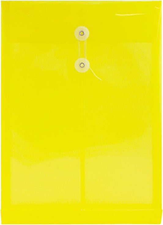 JAM PAPER Plastic Envelopes with Button & String Tie Closure - Legal Open End - 9 3/4 x 14 1/2 - Yellow - 12/Pack