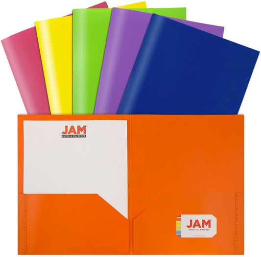 JAM PAPER Plastic 2 Pocket POP Folders - Durable School Folders - Assorted Primary Colors - Bulk 144 Folders/Box (24 Assorted Packs of 6)