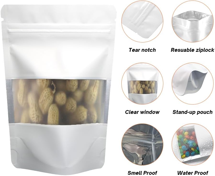 4CP 100 Pcs White Zipper Smell Proof Bags with Window, 6.3x9.5 Inch Stand Up Foil Pouches for Food Selfsealing Storage, Reusable Bag for Packaging Small Business, Cookies, Nunt, Candy