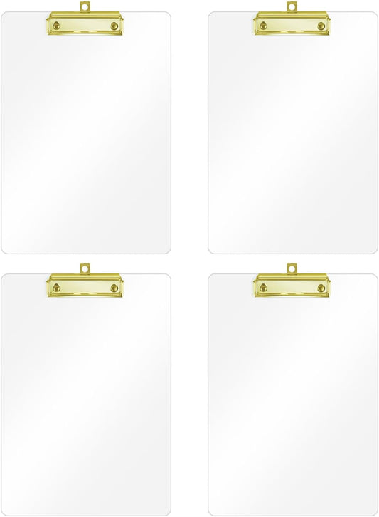 Honagu Acrylic Clear Clipboards, Transparent Plastic Clipboard with Gold Strong Clip Hidden Hanging Hole, A4 Letter Size Clipboards for Nurses, Art Student, Teachers,School & Office Supplies, 4PC