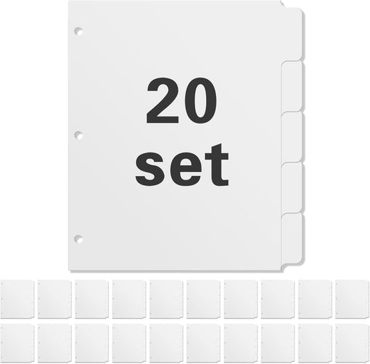 3 Ring Binder Dividers with 5 Tabs, Write & Erase Plastic Binder Dividers Durable 3 Hole Punch Dividers Letter-Size 1/5 Cut Big Tabs Dividers, 20 Set, 100 Dividers Total