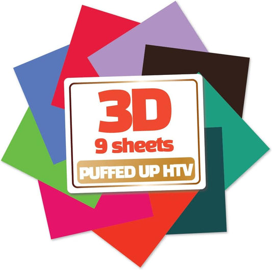 3D Puff Vinyl Heat Transfer 10"x12"-9 Sheets 9 Special Assorted Colors HTV Bundle Iron-On Design for T-Shirt Compatible with Cricut Silhouette Cameo Heat Press Machine Easy to Weed Cut