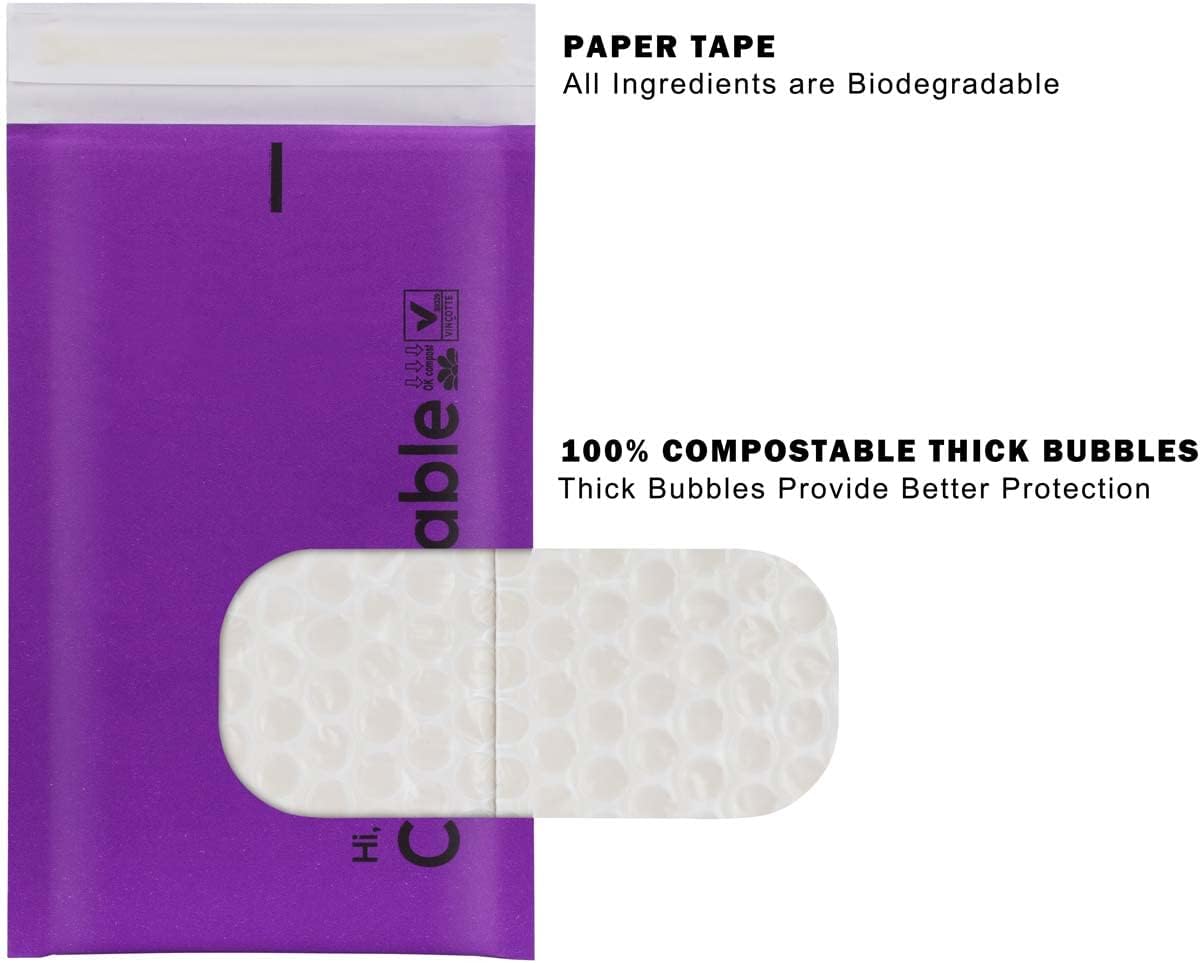 4x8 100% Biodegradable Bubble Mailers,25 Count Kraft Purple #000 Compostable Padded Packaging Wrap Envelopes Pouches Eco Friendly Self Seal Bags