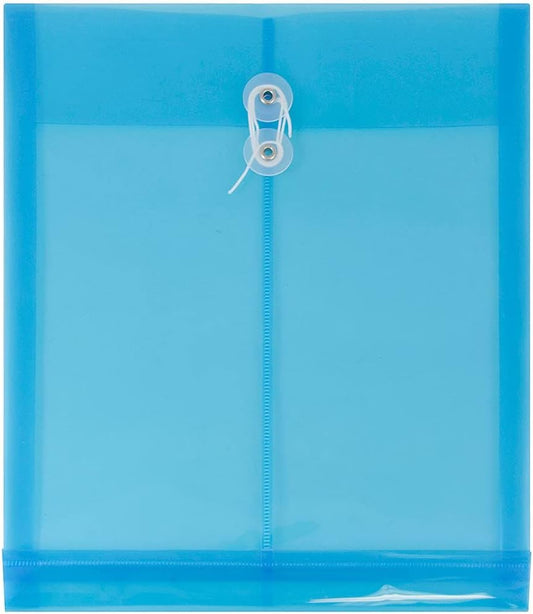 JAM PAPER Plastic Envelopes with Button & String Tie Closure - Letter Open End - 9 3/4 x 11 3/4 - Blue - 12/Pack