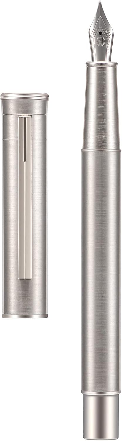Hongdian 1861 Stainless Steel Fountain Pen Long Blade Nib, Classic Design Smooth Writing Pen with Converter and Metal Pen Case Set
