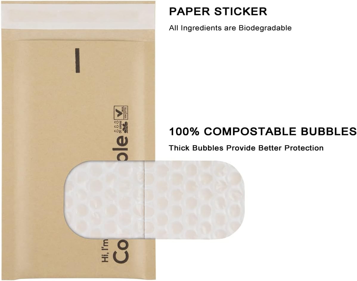 4x8 100% Biodegradable Bubble Mailers,25 Count Kraft Brown #000 Compostable Padded Packaging Wrap Envelopes Pouches Eco Friendly Self Seal Bags