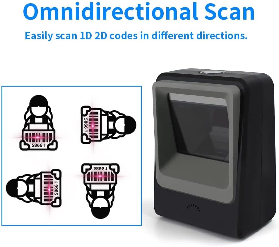 Handsfree 2D 1D Barcode Scanner,Alacrity QR Omnidirectional Desktop Bar Code Reader Scanner, Capture Barcodes from Mobile Phone Screen, Black