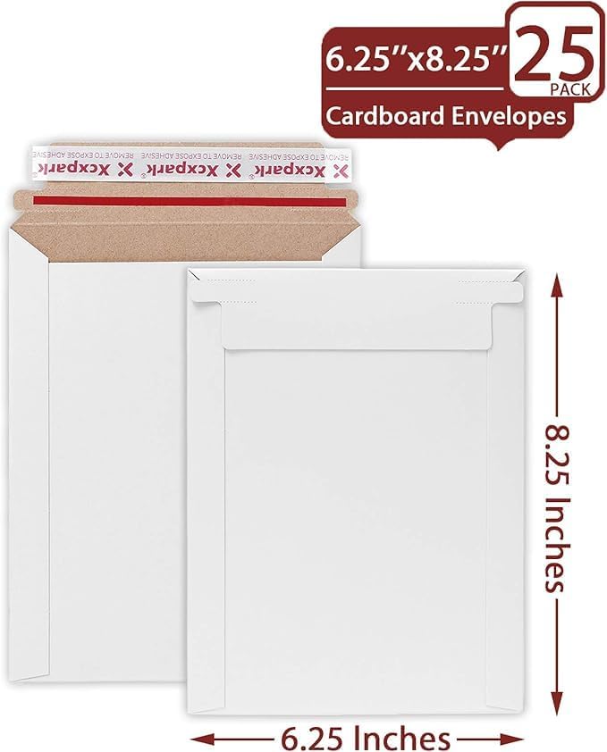 25 Pack Rigid Mailers 6.25 x 8.25 inches, Self Seal Photo Document Mailers Premium Cardboard Keep Flat Envelopes for Photos, Pictures, Papers, Files, CD