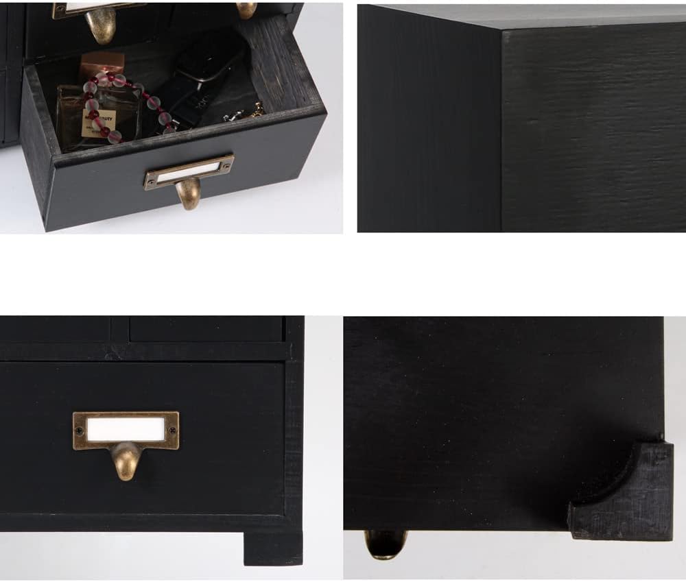 Apothecary Cabinet with 10 Drawers & Labels Rustic Library Card Catalog Cabinet Desktop Wooden Storage Box for Organize Herbal、Tea Bag、Jewelry (Black)