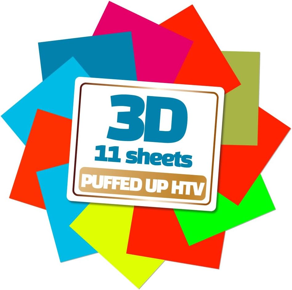 3D Puff Vinyl Heat Transfer 10" x 12" - 11 Sheets Foaming HTV Assorted Colors Bundle/Variety Pack, Adhesive Vinyl, Iron-On Transfer, Heat Press with Cricut Silhouette Cameo