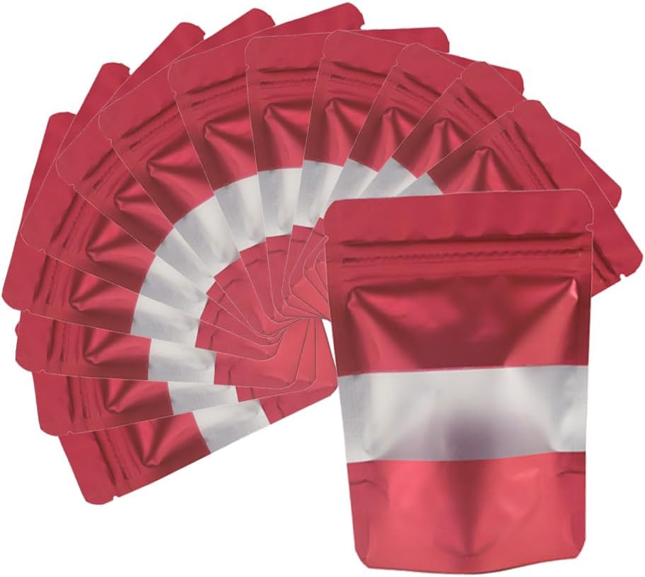 4CP 100 Pcs Red Zipper Smell Proof Bags with Window, 7.0x10.5 Inch Stand Up Foil Pouches for Food Selfsealing Storage, Reusable Bag for Packaging Small Business, Cookies, Nunt, Candy