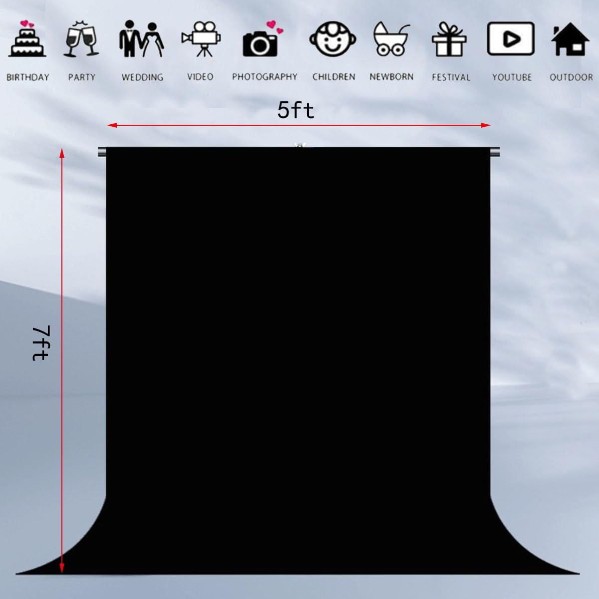 Black Backdrop Background Fabric Backdrop for Shoot Portraits Party Video Studio 5X7ft