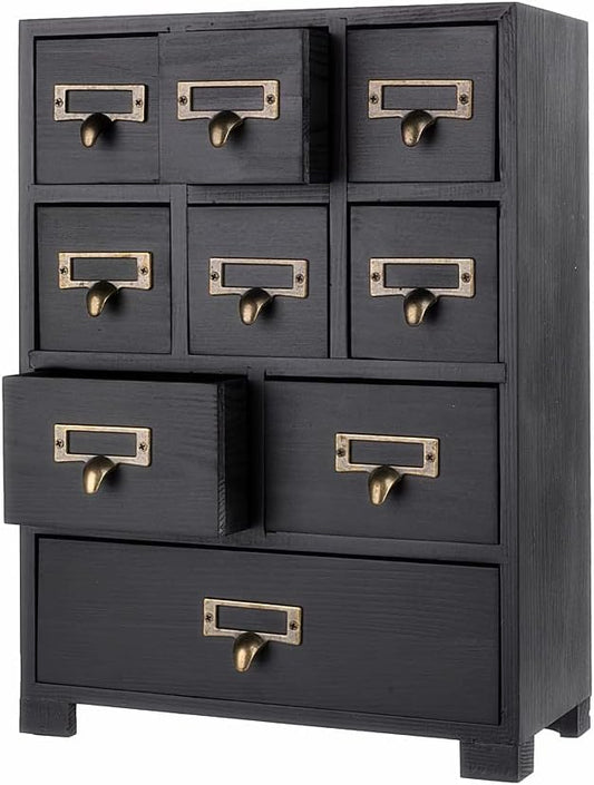 Apothecary Cabinet with 9 Drawers & Labels Rustic Library Card Catalog Cabinet Desktop Wooden Storage Box for Organize Herbal、Tea Bag、Jewelry (Black)