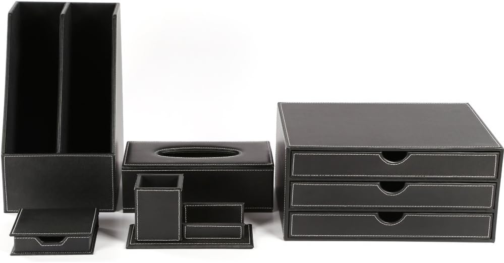 KINGFOM Office Desk Organizer Set 5PCS Supplies Synthetic Leather Including File Holder Cabinet, Desk Organizer Drawer, Multifunction Pencil Holder, Memo Paper Holder,and Tissue Box Holder (T09-Black)