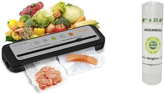 2023 Updated Vacuum Sealer Machine, MEGAWISE Food Sealer w/Starter Kit, Dry & Moist Food Modes, Compact Design with 10 Vacuum Bags & Bulit-in Cutter(Grey) & Vacuum Sealer Bags (8''x 21.6')