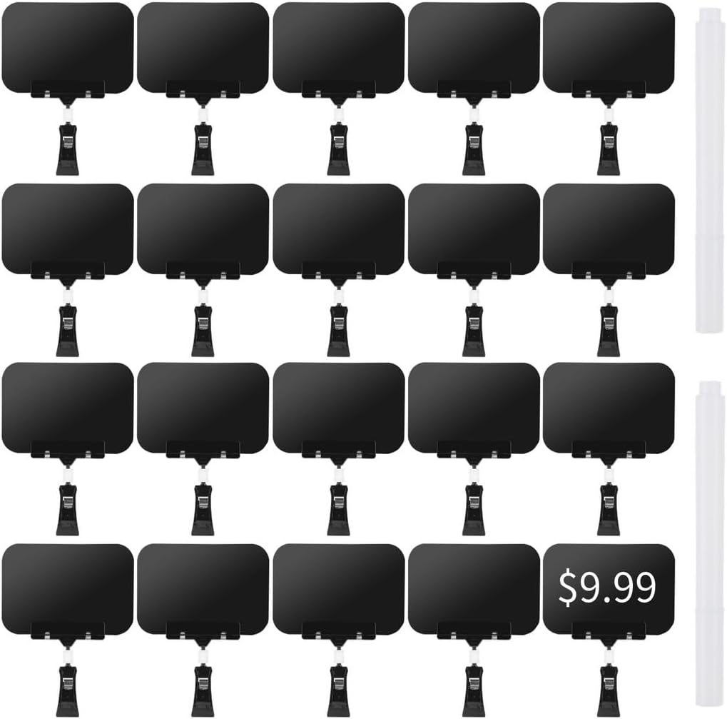 20 Pcs Price Display Signs, Adjustable Clip on Sign Holder with 20 Clips and 2 Pens, Rotataing Plastic Chalkboard Sign, Double Sided Mini Blackboard Clips for Store Business Office