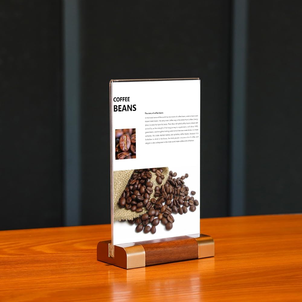 Acrylic Sign Holder 4"x 6" with Wood-Color Base, Mini Tabletop Double-Sided Display Sign Frame Vertical Clear for Store/Coffee Shop/Restaurant Menu Hotel/Office Display Holder, 3 Pack T Shape