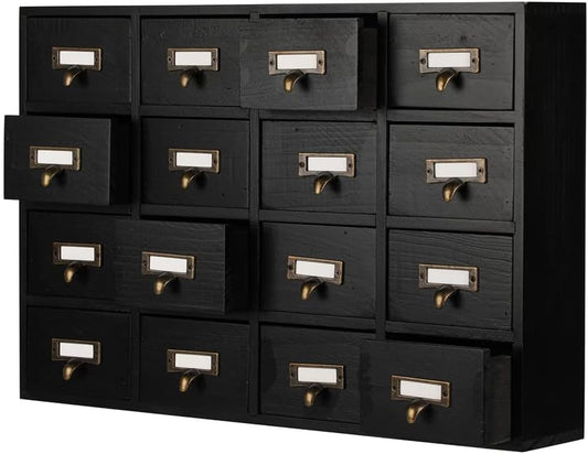 16 Drawers Apothecary Cabinet with Drawers Tabletop Apothecary Chests and Cabinets Library Card Catalog Cabinet Herb Storage Box Wooden Desk Drawer Organizer Medicine Vintage Furniture(BLACK)