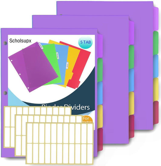 3 Set 5 Tab Binder Dividers, Plastic Binders Dividers with Tabs Colorful Big Tab Fit Standard 8.5 X 11 Sheets, Dividers for 3 Ring Binder
