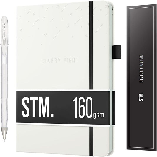 Black Paper Bullet Dotted Journal Notebook | B5 Starry Night by Scribbles That Matter | Free white gel pen | 160gsm Blackout no-bleed dot grid paper | For Men and Women | 7 x 10 in | White