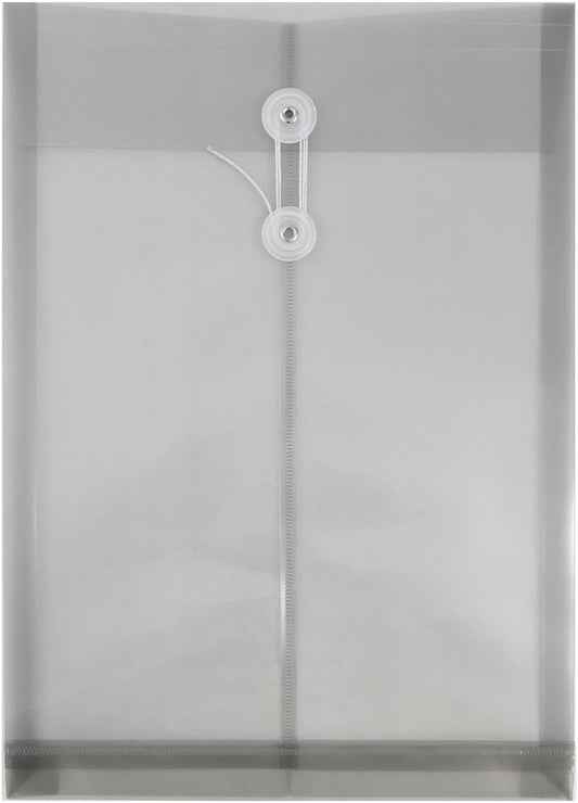JAM PAPER Plastic Envelopes with Button & String Tie Closure - Legal Open End - 9 3/4 x 14 1/2 - Smoke Gray - 12/Pack