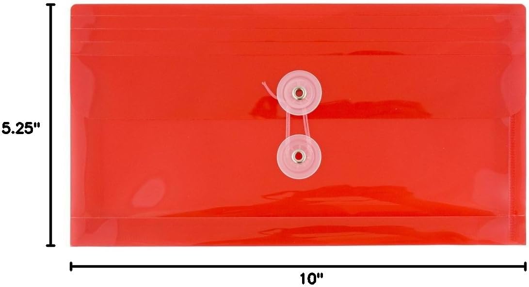JAM PAPER Plastic Envelopes with Button & String Tie Closure - #10 Business Booklet - 5 1/4 x 10 - Red - 12/Pack