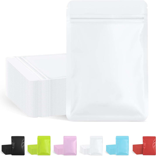 100 Pack Resealable Packaging Bags for Small Business Double-Sided Color Smell Proof Bags for Food Storage Flat Bags (White, 4.7" x 7.1")