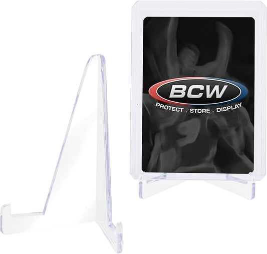 BCW Card Stands - Set of 10 | Crystal Clear Transparent Mini Easels for Picture Display | Durable & Sturdy Design | Perfect for Trading Cards, Sports Memorabilia, Use at Home, Office, Shop, and More