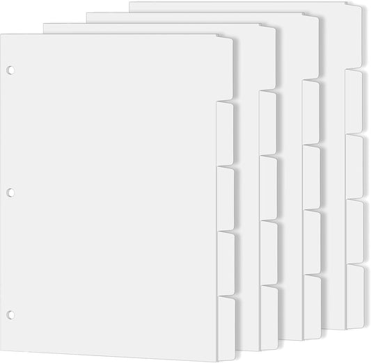 Binder Dividers for 3 Ring Binder, 1/5 Cut Tabs, Letter Size, Blank Write On Page Dividers with 5 Big Tabs for School Office Home, 4 Sets, 20 Dividers, White