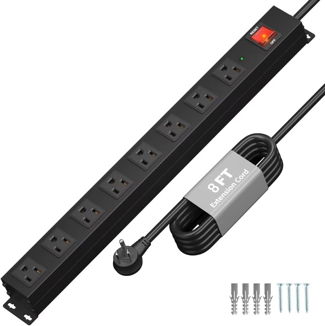 KF 8 Outlet Heavy Duty Power Strip Surge Protector, 2100J Surge Protection Black Power Strip, 15A/1875W Mountable Power Strips, 14AWG 6FT Extension Cord, Black(8FT-2100J)
