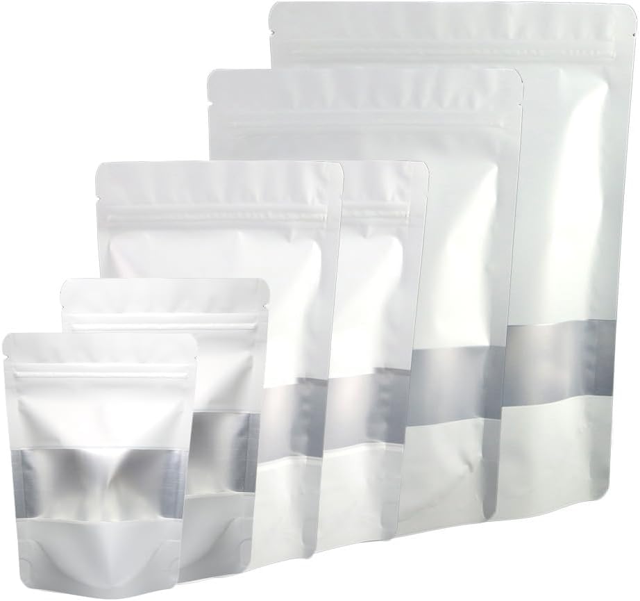 4CP 100 Pcs White Zipper Smell Proof Bags with Window, 7.0x10.5 Inch Stand Up Foil Pouches for Food Selfsealing Storage, Reusable Bag for Packaging Small Business, Cookies, Nunt, Candy