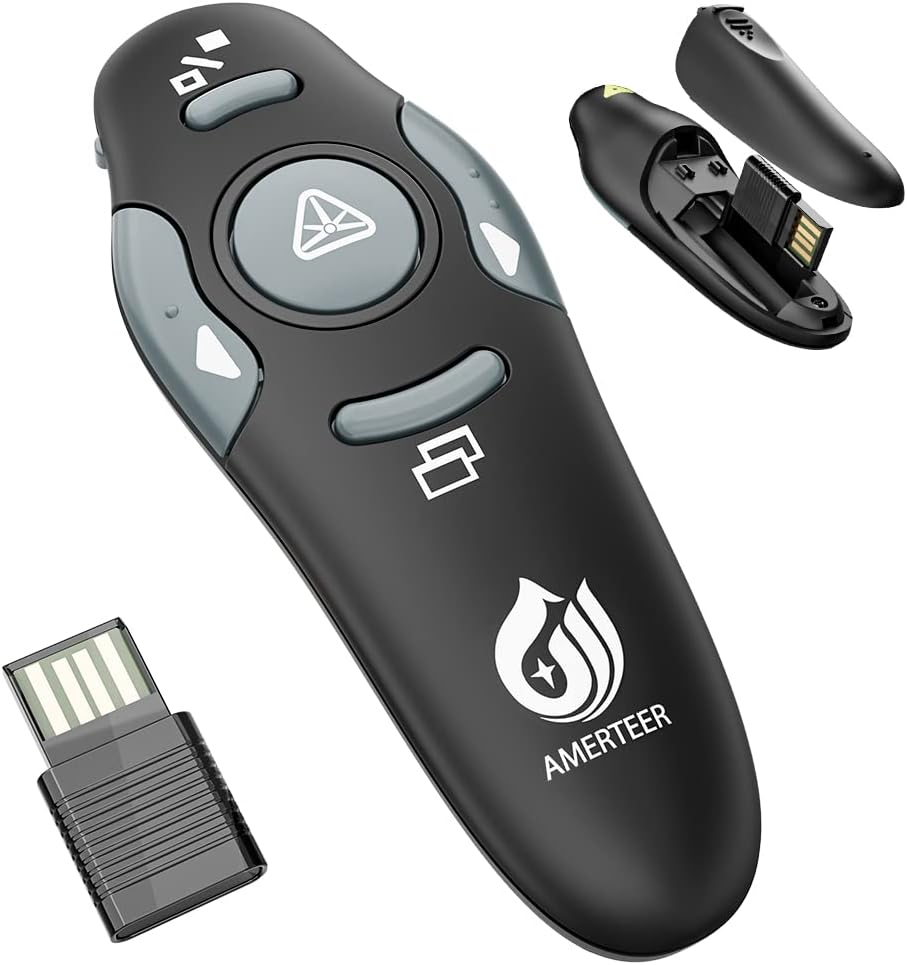AMERTEER Presentation Clicker Wireless Presenter Remote Clicker for PowerPoint Presentations with Red Pointer, PowerPoint Clicker Slide Advancer for Mac/Windows/Google Slide/PPT.