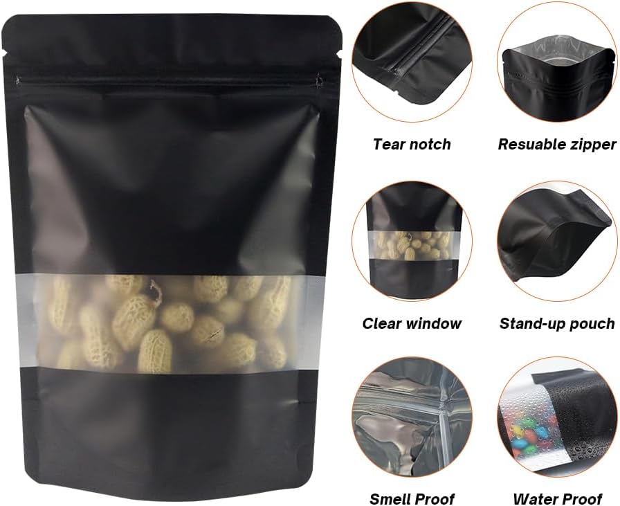 Black Smell Proof Packaging Bags,Mylar Clear Bags for Food Storage,Sealable Bag for Packaging,Stand Up Pouches with Window,ReSealable Bag for Small Business,Cookies,Candy