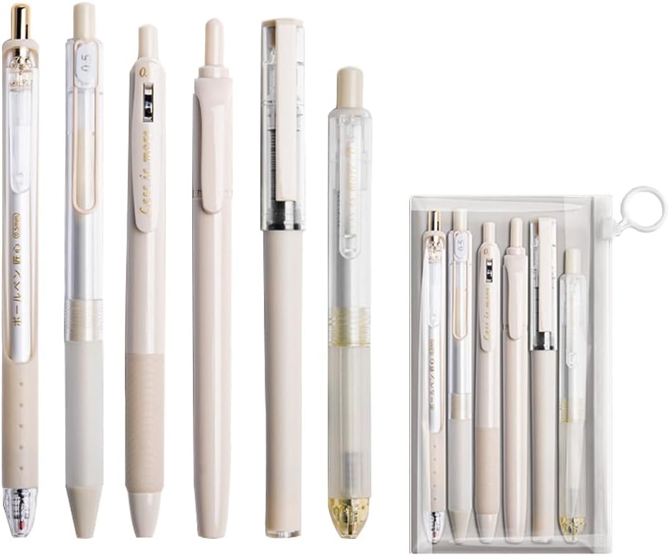 6 Count Pastel Gel Ink Pen Set,Cute Note Taking 0.5mm Fine Point Retractable 5 Count Black Ink Pens with 1 Count Highlighter for Writing, Journaling, School, Office (Off White)